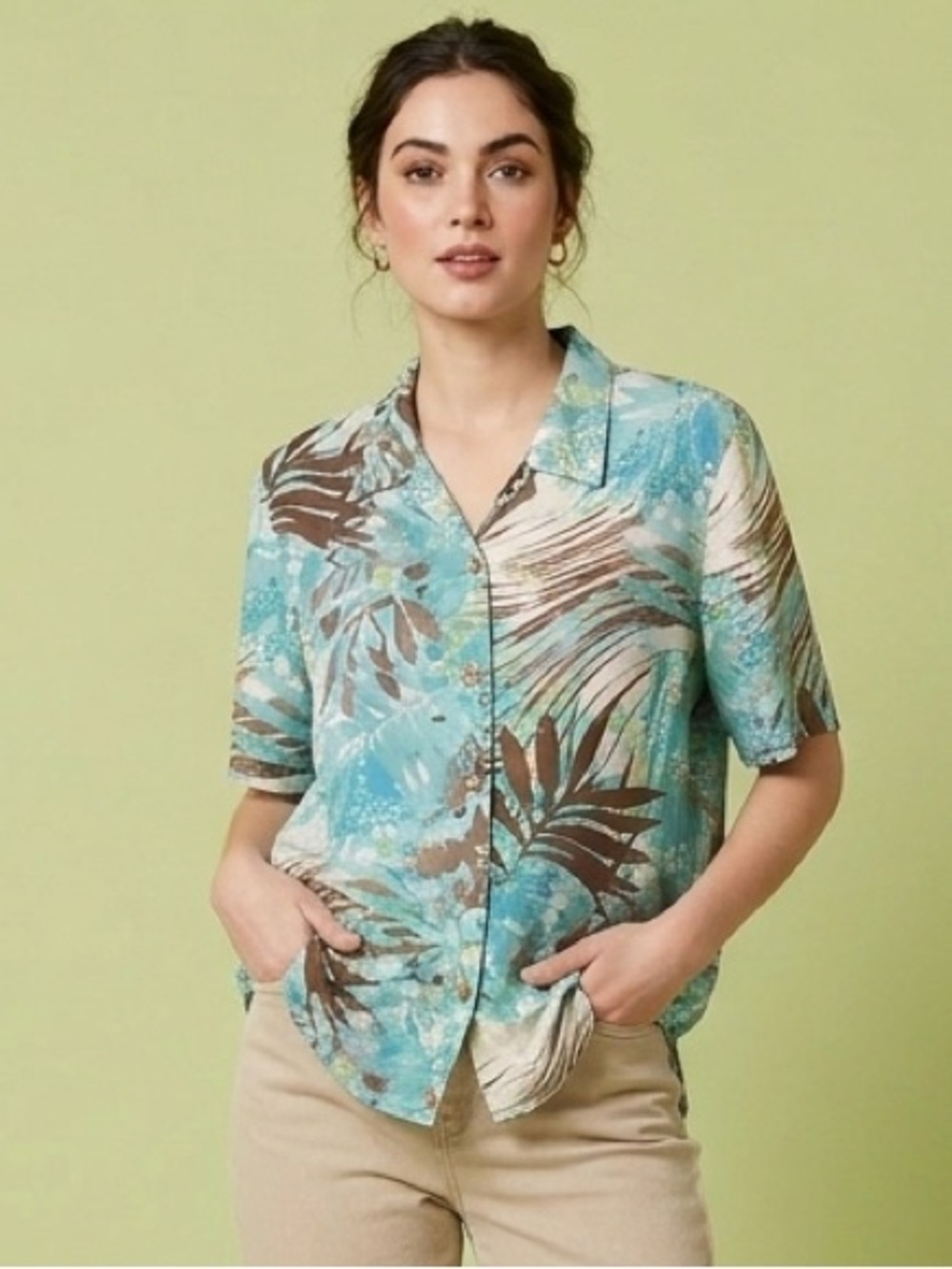 Vintage Woman Koret Linen Print summer button up Shirt Tropical Hawaiian sz L P